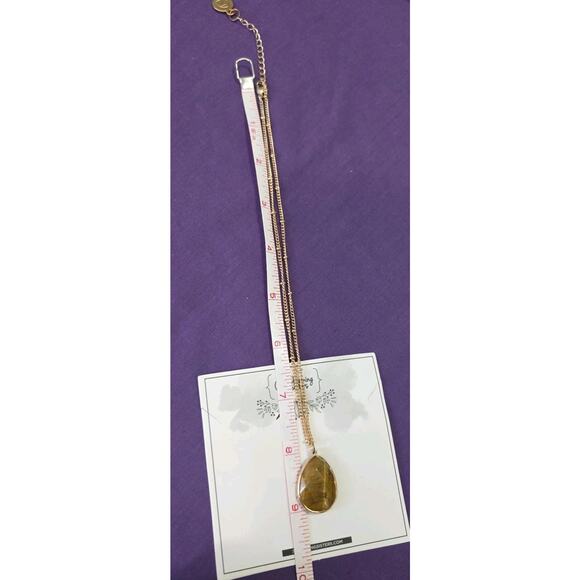 Tiger's Eye Teardrop Pendant Necklace On Gold Tone Satellite Station Chain - Picture 4 of 8